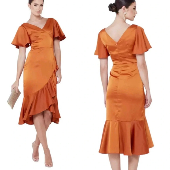 AmyLynn Amoura Ruffle Midi Satin Wedding Guest Dress Tan Size S NWT - Picture 1 of 10
